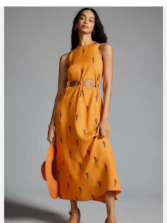 FARM Rio Dresses & Skirts - FARM Rio Orange Parrot-Print Cutout Midi Dress